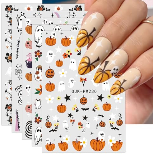 Halloween Nail Stickers, 12 Sheets Self-Adhesive Nail Decal Bats Pumpkin Cobweb Nail Art Decoration Design Supplies