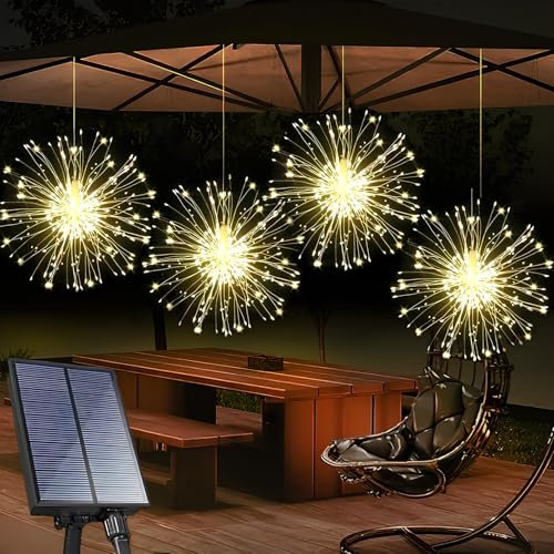 Weiongppy Luz Solar de Fuegos Artificiales,4 * 90 LEDs Fuegos Artificiales Explosivos,8 Modos Impermeables Luces Solares,para Decoración Navideña, Boda, Exterior Interior, Blanco cálido