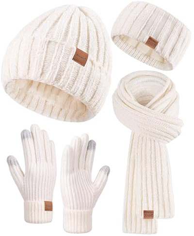 Damen-Beanie-Schal, Handschuhe, Stirnband-Set, Chenille, Wintermützen, Fleece-gefüttert, Ohrwärmer, Strickschal, Touchscreen-Handschuhe, 4 Geschenk-Set, Weiß, Einheitsgre