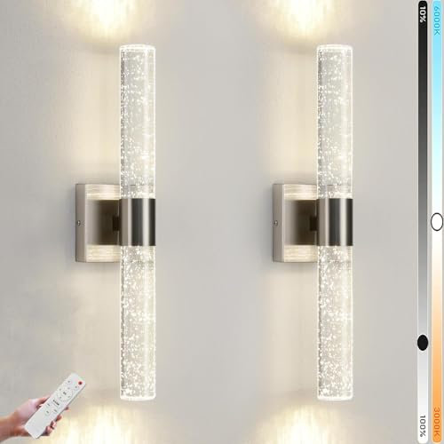 LOGT 2 Stücke12W Kristall Wandleuchte LED Innen Mit Fernbedienung Dimmbare Wandlampe Up Down Beleuchtung Bettlampe 3000K-6000K Metall Wandbeleuchtung für Wohnzimmer Treppen Schlafzimme,Silber