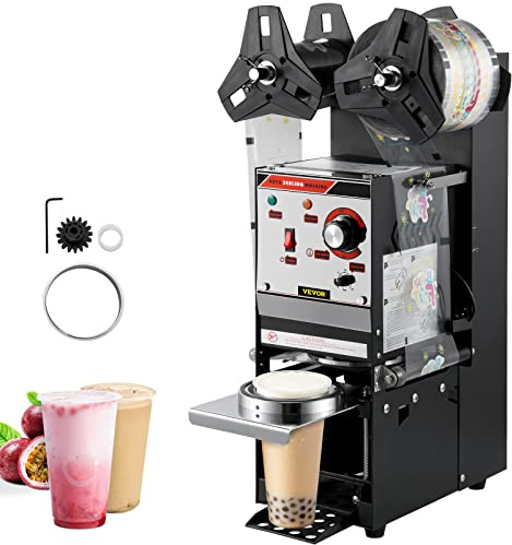 VEVOR Semi-automatic Cup Sealing Machine, 300-500 Cup/h Tea Cup Sealer Machine, Black Boba Cup Sealer Machine, 90/95mm Cup Diameter Boba Cup Sealing Machine with Control Panel for Bubble Milk Tea