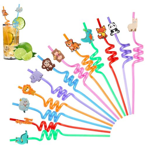 12 Stück Strohhalme Kinder, Tiere Strohhalme Kindergeburtstag, Wiederverwendbar Strohhalm, Bunte Party Trinkhalme für Kinder Geburtstagsfeier Dekorationen, Weihnachten, Party Zubehör (Tiere)