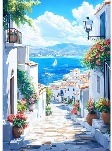 KEYIFA 5D Diamond Painting Set für Erwachsene, DIY Diamant Painting Bilder Art Kristall Set, Griechisches Dorf Diamond Painting Zubehör Full Drill Bilder, Home Wand Dekor 30x40cm