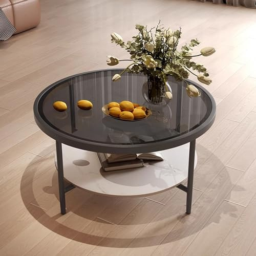 MARIYCH Runder Couchtisch aus Glas, 2-stöckiger Wohnzimmertisch mit offener Ablage, einfacher moderner Mittel-Cocktailtisch für Heimbüro, Empfang