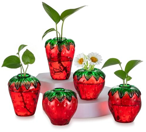 Hewory Süß Erdbeer Vase Glas: 5 Vasen Deko Blumenvase Glas Kleine Glasvasen für Tischdeko - Erdbeere Deko Einzigartig Vasen Set Dekorativ Propagation Station für Kawaii Deko Wohnzimmer Cute Room Decor