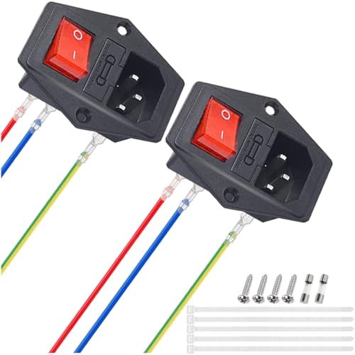 MKBKLLJY Enchufe de 3 polos, 10 A, 250 V, interruptor basculante, enchufe IEC320 C14, interruptor de alimentación macho de 10 A con fusible de 10 A, cable de extensión, tornillos de fijación, bridas