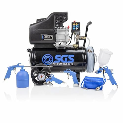SGS 24 Litre Direct Drive Air Compressor with Integrated Hose Reel & 5 Piece Tool Kit – Portable Air Compressor for DIY and Workshop Use, 2.5HP, 9 CFM, 116 PSI