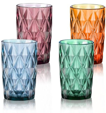 LOITTAINUE Trinkgläser Set Bunt - Gläser Set 4 Teilig, 400ml Vintage Wassergläser Set aus Glas mit Geprägtem Design - Saftgläser Drinkgläser Küchengläser - Spülmaschinenfest (Lila, Grün, Blau, Gelb)