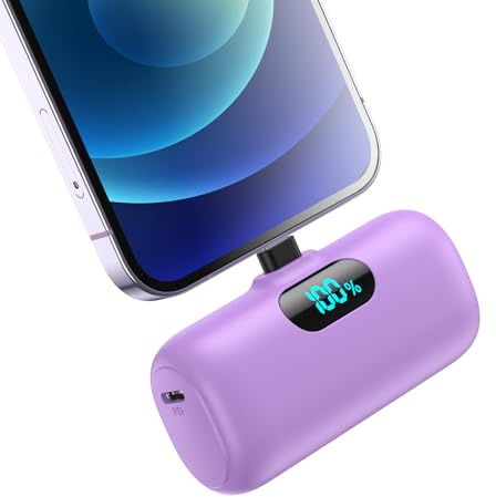 Small Power Bank Portable Charger for iPhone,Upgraded 5000mAh PD Fast Charging Battery Pack,Mini Plug-in Backup Charger Compatible with iPhone 14/14 Pro Max/13/13 Pro/12 Pro/11/XR/X/8/7/6 etc-Purple