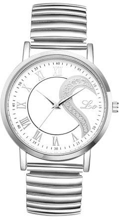 JewelryWe Herrenuhr Herz Elastische Uhren: Strass Semi Herz Buchstaben Love Analog Quarz Armbanduhr Herren Silber Edelstahl Stretch Armband Uhr mit Zugarmband & Weiß Römischen Ziffern Zifferblatt