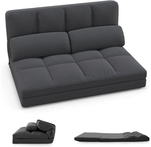 COSTWAY Velvet Double Folding Sofa Bed, 6-Position Adjustable Lazy Floor Sofa Chair with 2 Pillows, Convertible Padded Reading Gaming Couch Lounge Sleeper Seat for Living Room Bedroom (Dark Grey)