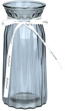 TSKDKIT Vase Fleuri en Verre Transparent pour Décoration de Table 24 x 10 cm, Vase Moderne étroit avec Ruban, Boho Vases en Cristal pour Herbe de la Pampa, Tulipes, Roses, Bureau, Salon (Gris)