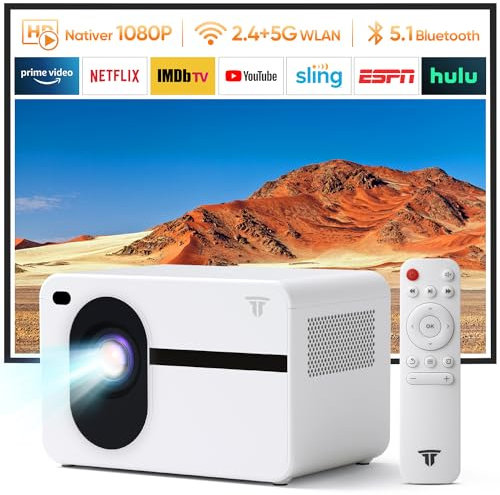 Mini Beamer Full HD 1080P mit 4K Unterstützung, WiFi Bluetooth Beamer mit motorisiertem Zoom, 30-200 Zoll Projektionsgröße, Kompatibel mit iOS/Android/Laptop/HDMI/USB (Weiß)