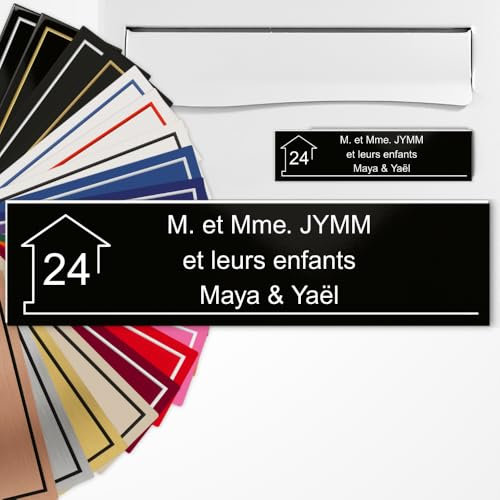 Plaque Boîte aux Lettres Personnalisée 10x2,5 cm adhésive en PVC – Gravure Laser – 22 Couleurs – Avec ou Sans Motif (Noir mat texte blanc)