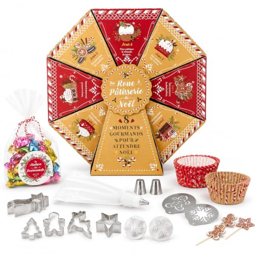 Patisserie-Adventskalender mit 8 Backüberraschungen – Geschenkrad mit Backzubehör, Spritzbeutel und Spritztüllen – Geschenkbox mit Backzubehör – Beige