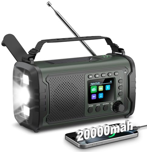 20000mAh DAB/DAB+ Notfallradio mit Kurbel, Solar & USB Laden, Bluetooth 5.3, Powerbank-Funktion, SOS Signal, Heller Taschenlampe, Leselampe, Kompass, TF-Karte und robustem Outdoor-Design, Armeegrün