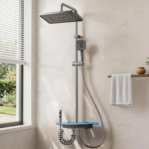 Kinhoou Thermostatic Shower Mixer with LED Display, Large 30cm Square Rainfall Shower Head, 4 in 1 Shower Riser Rail Kit with Ambient Lights, 3-Way Handheld for Bathroom