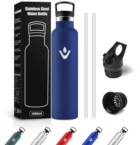 JAPORIA Botella Acero Inoxidable 1L, Cantimplora Termica con Pajita, sin BPA, Termo para Deporte, Bicicleta, Viajes
