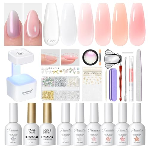 PEACECOLOR Builder Nail Gel Kit with Nail Lamp 6 Colors Nail Extension Kit | Clear Pink White Builder Extension Gel for Nails Kit & Cat Eye Gel Base Top Coat Nail Powder Sticker for Beginner DIY at Home