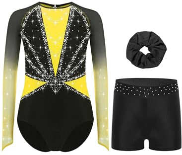dPois Maillot Brillante De Gimnasia Rítmica para Niñas Leotardo Manga Larga con Leggings Cortos Elásticos Mono De Deportivo