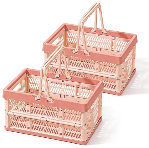 YushengTai Klappkorb Faltbar, 2er Set Klappbox Klein mit Henkel 19 L Rosa, Multifunktionaler Aufbewahrungskorb als Picknickkorb Obstkorb Gemüsekorb für Haushalt