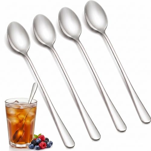 Latte Spoons Set of 4, 7.7 Stainless Steel Long Handle Sundae Spoons | Polished silver finish for iced tea, coffee, milkshakes, yoghurt, desserts and honey jars; dishwasher safe and easy to clean.