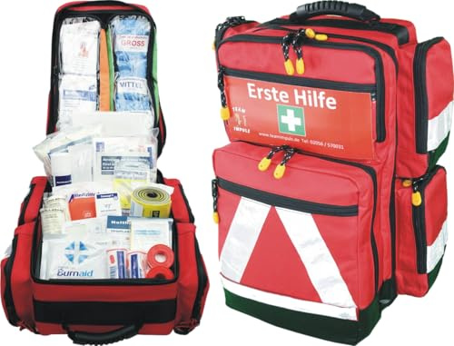 Erste Hilfe Notfallrucksack gefüllt für Sport Freizeit & Event mit 5 Außentaschen - ca. 31 Liter Volumen