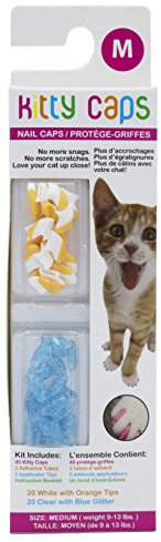 Kitty Caps Nail Caps for Cats | Safe & Stylish Alternative to Declawing | Stops Snags and Scratches, Medium (9-13 lbs), White with Orange & Clear with Blue Glitter