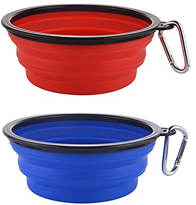 MOACC 2PZ Ciotole per Cani, Pieghevoli in Silicone, con Moschettone da Viaggio e Alpinismo, per L’Acqua e Cibo(1000ml,Blu e Rosso)