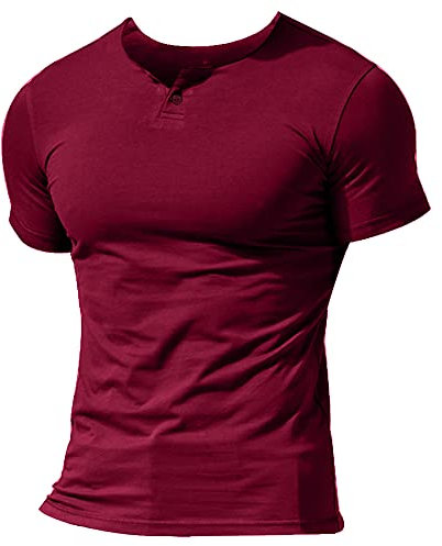 Men Summer Casual Short Sleeve Henleys T-Shirt Single Button Placket Plain v Neck Shirts Cotton Style A Wine red M