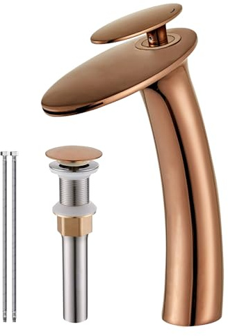 Wovier Rose Gold Waterfall Bathroom Faucet Tall Body and Pop Up Drain
