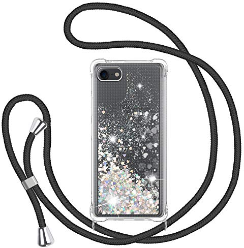 TUUT Handyband für iPhone SE 2020/2022/8/7 Hülle mit Band, Glitzer Treibsand Handyhülle mit Kordel zum Umhängen Transparent Stoßfest Schutzhülle mit Kette Schnur, Quicksand Necklace Case in Schwarz