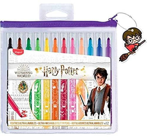 Maped Long Life Harry Potter Filzstifte, 12 Filzstifte, extrem waschbar und langlebig, mittlere Spitze, Blockierspitze, lebendige Farben, ideal für Schulanfang, wiederverwendbar, Federmäppchen