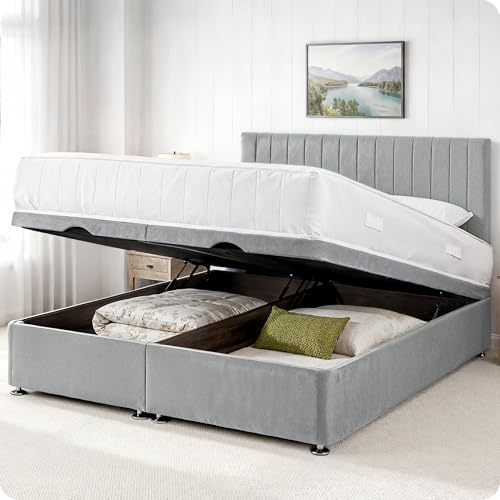 Comfy Deluxe LTD Apollo Ottoman Bed Base - 6FT Super King Size, Silver | Plush Velvet Divan Storage Bed Frame with 26 Inch Headboard | Gas Lift Foot-End Opening | No Mattress Included | UK Made
