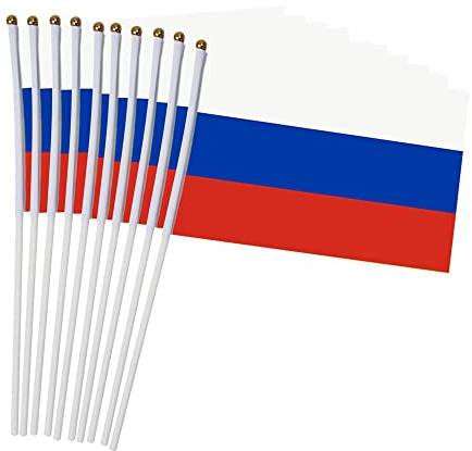 10 Stück Russland Stockflagge Stick Flagge Fahne Stockfahne, 5x8 Zoll Handwinkende Mini Flagge Bannern mit 12 weißem festem Mast, Russische Handgehaltene Stick Flaggen,Lebendige Farbe und Lichtecht
