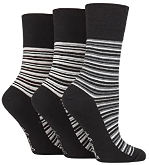 SockShop Gentle Grip Ladies Floral Spotted Patterned and Striped Honeycomb Top Cotton Socks in a Multipack of 3 Assorted Colours Size 4-8 Varied Stripe Black 4-8