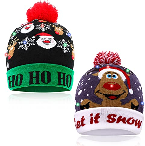 2 Stück Weihnachtsmütze, LED-Beleuchtung, AIMMIE Xmas Beanie Strickmütze, 6 bunte LED-Weihnachtsmütze, Unisex, Weihnachtskappe, Weihnachtsbaumhut, LED-Hut für Kinder und Erwachsene