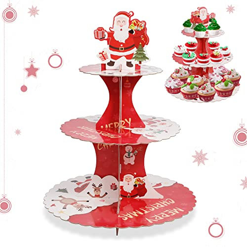 HIMM - Supporto per cupcake di Natale, a 3 livelli, motivo: Babbo Natale e cupcake, a forma rotonda, per dolci, biscotti, caramelle, frutta, vassoio in cartone, decorazione natalizia