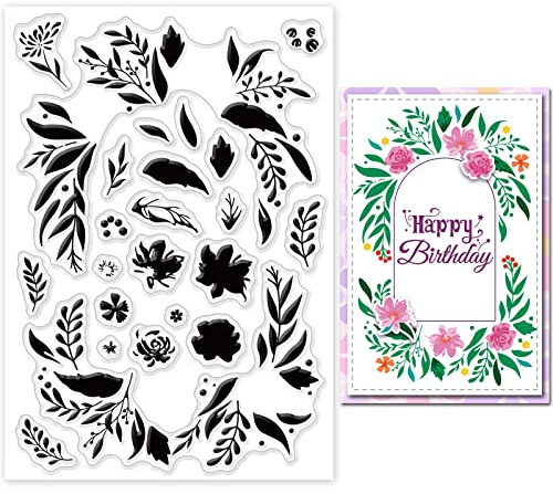 GLOBLELAND Layered Flowers Background Clear Stamps Layering Leaves Wreath Frame Silicone Clear Stamp Seals for Cards Making DIY Scrapbooking Photo Journal Album Decoration