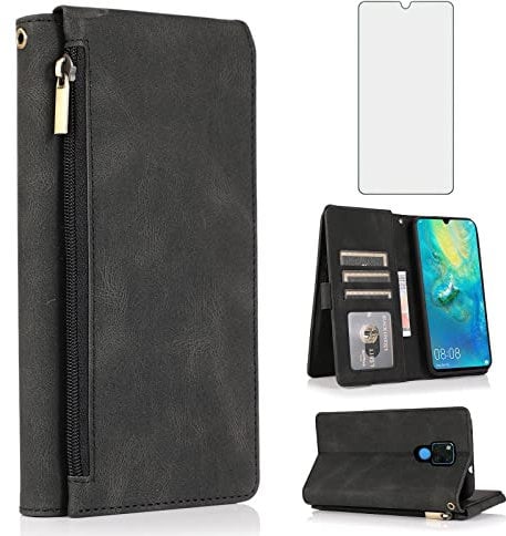 Kompatibel mit Huawei Mate 20 X 5G Wallet Case Tempered Glass Screen Protector Reißverschluss Retro Leder Flip Cover Kartenhalter Ständer Handyhüllen für Mate20X 20X 7,2 Zoll Damen Herren Schwarz