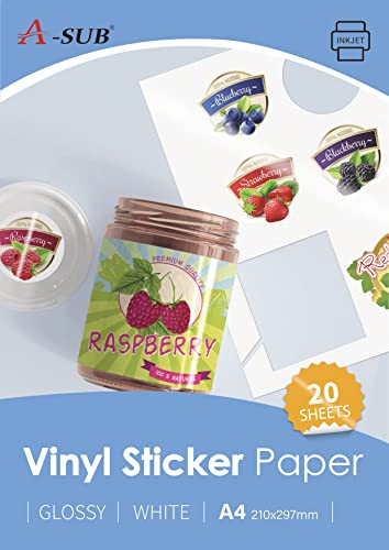 A-SUB Papel adhesivo de vinilo imprimible, resistente al agua, brillante, blanco, etiquetas de vinilo autoadhesivas para impresoras de inyección de tinta, tamaño A4, 20 hojas