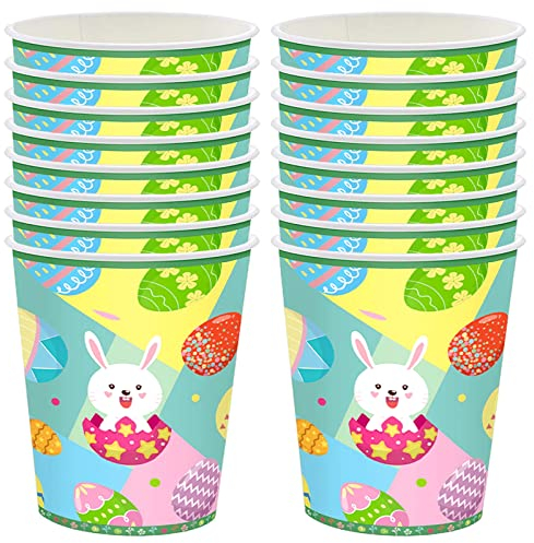 POPOYU 16Pcs Easter Kids Party Paper Cups,Happy Easter Bunny Paper Cups Party Tableware Decoration Green Party Paper Cups Packs Eggs Rabbit Cups for Easter Kids Adult Party Decorations