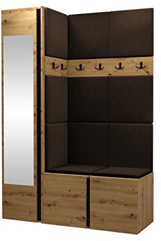 Mirjan24 Garderoben-Set Monati X, Kleiderschrank mit Spiegel, Schuhschrank + 2X Kleiderhakenbrett Gepolstertes Paneel/Wandpaneel, 6 Doppelhaken Flurgarderobe (Eiche Artisan/Schwarz, Manila 04)