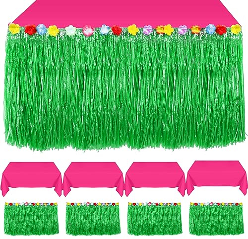Tatuo Luau-Gras-Tischrock, hawaiianische Hibiskusblumen, Tischrock mit 4 Kunststoff-Tischdecken für tropische Hawaii-Party, Luau-Geburtstagsparty-Dekorationen (Strohgrün, Hot Pink)