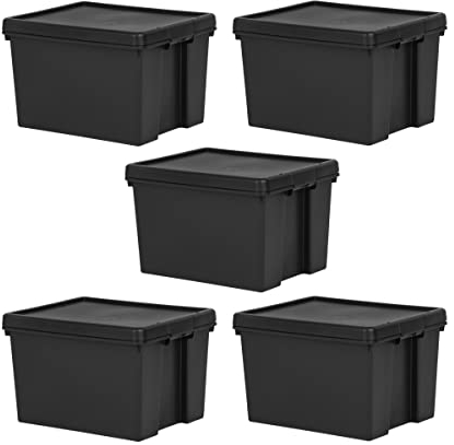 JMS we create smile [Pack of 5] Heavy Duty 100% Recycled Black BAM Containers with Airtight Snap Lid Stackable Strong Storage Organiser Stationery Toys Shoes Storage Box (45 Litre Black Bam)
