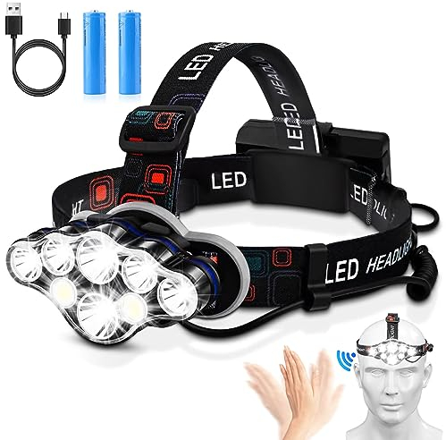 Elmchee Linterna frontal recargable, 8 LED 18000 de alto lúmenes brillante con luz roja para adultos, 18650 USB sensor de movimiento, linterna impermeable para senderismo, camping, correr, pesca