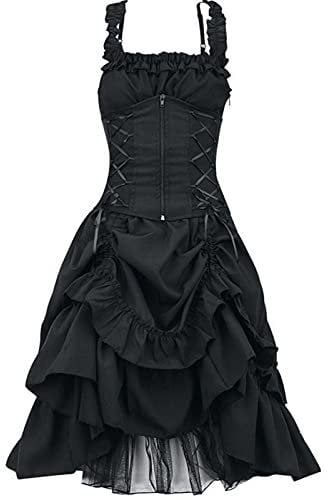 AMhomely Women's Vintage Gothic Dress Sleeveless Long High Low Steampunk Strappy Layers Dress Corset Square Neck Ruffled Lace Medieval Costumes