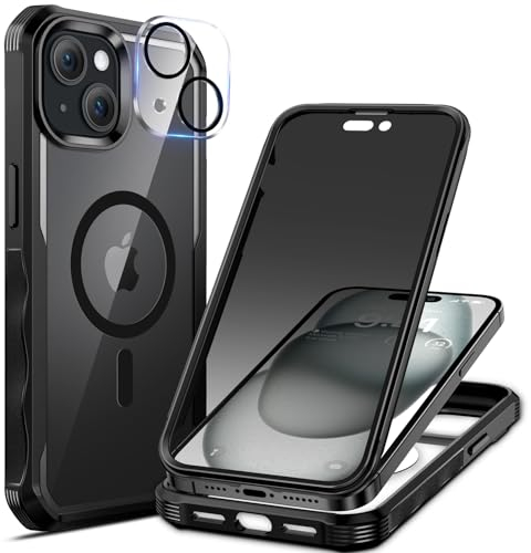 seacosmo Sichtschutz Hülle für iPhone 15 Plus [Kompatibel mit Magsafe], Anti-Spy Handyhülle 360 Grad Schutzhülle, Stoßfestes Case mit Privacy Panzerglas und Kamera Schutzfolie [9H HD]-Schwarz