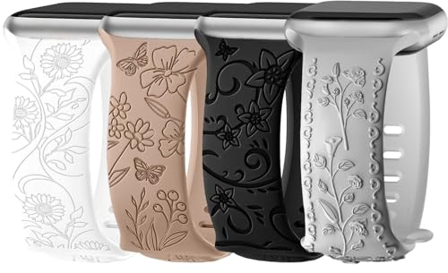 Nepfaivy Floral Graviertes Armband Kompatibel mit Apple Watch Armband 45mm 44mm 46mm 49mm 42mm für Damen, Weiches Silikon Elegantes Sport Band für iWatch Series 10/9/8/Ultra/SE/7/6/5/4/3/2/1, Typ 1