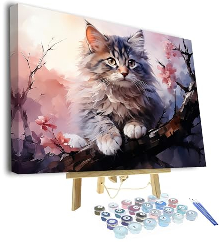 TISHIRON Peinture par numéros chat mignon pour adultes - Peinture à l'huile avec pinceau et pigment acrylique - Arbre de peinture par numéros - Kits sur toile - Artisanat - 40,6 x 50,6 cm (cadre)
